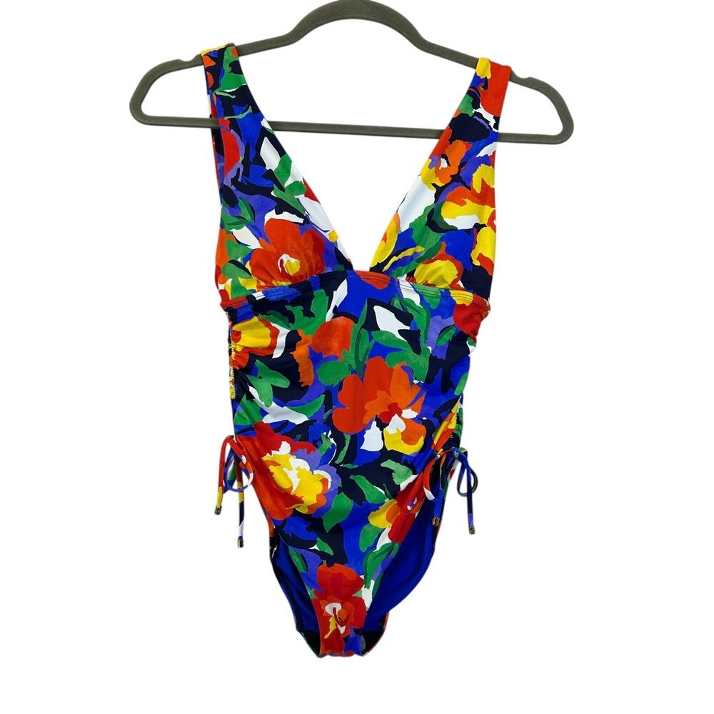 Lauren Ralph Lauren Floral Shirred Plunge One Piece Swimsuit Women’s 14 NWT - Picture 2 of 9